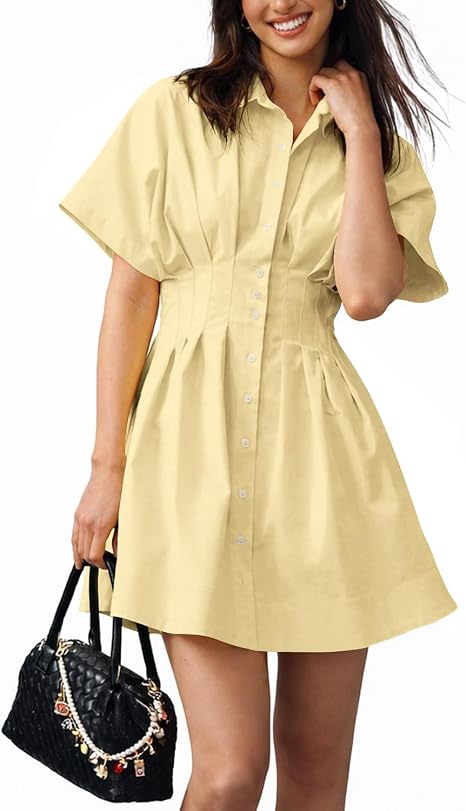Women’s Mini Shirt Dress Casual Button Down Short Sleeve Collared Summer Dresses