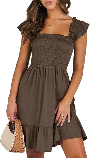 Women's Summer Casual Sleeveless Square Neck Dress 2026 Smocked Ruffle Backless Boho Beach Cute Teen Short Sundress