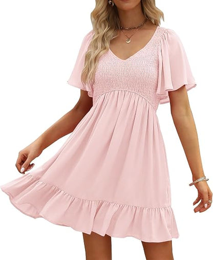 Women's Flowy Casual Mini Dresses 2026 Summer Graduation Smocked V Neck Vacation Dress Dress with Pockets