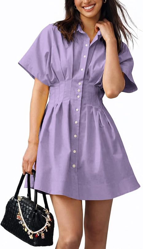 Women’s Mini Shirt Dress Casual Button Down Short Sleeve Collared Summer Dresses