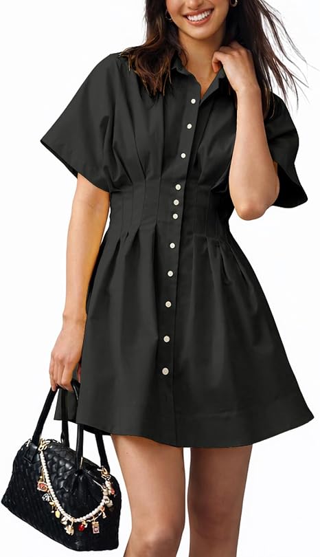 Women’s Mini Shirt Dress Casual Button Down Short Sleeve Collared Summer Dresses