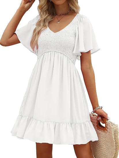 Women's Flowy Casual Mini Dresses 2026 Summer Graduation Smocked V Neck Vacation Dress Dress with Pockets