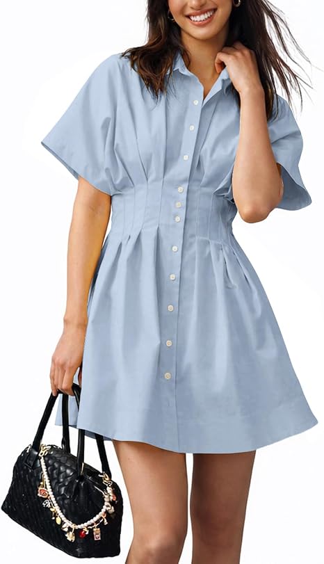 Women’s Mini Shirt Dress Casual Button Down Short Sleeve Collared Summer Dresses