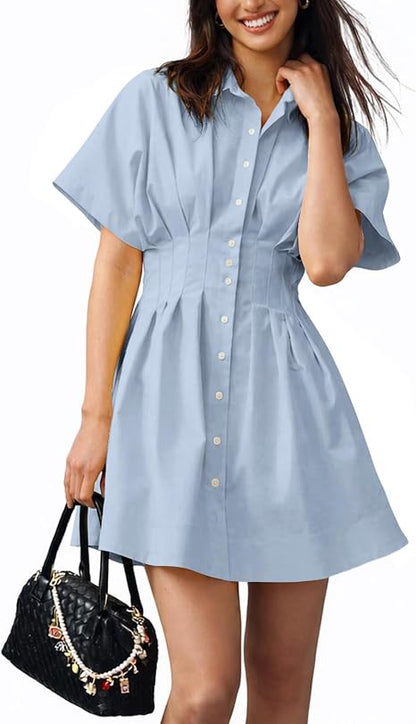 Women’s Mini Shirt Dress Casual Button Down Short Sleeve Collared Summer Dresses