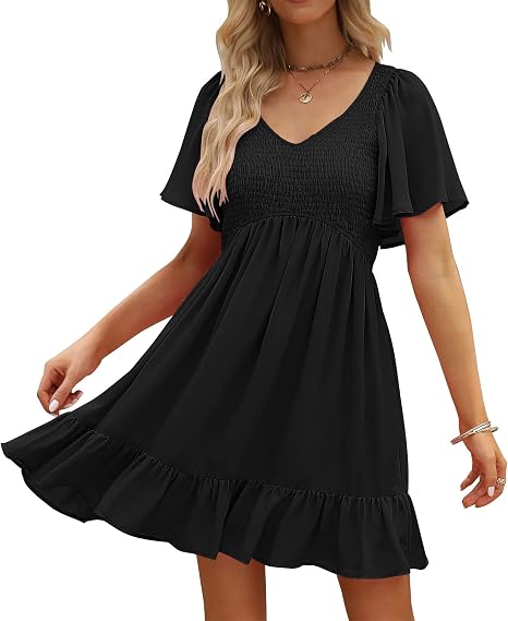 Women's Flowy Casual Mini Dresses 2026 Summer Graduation Smocked V Neck Vacation Dress Dress with Pockets