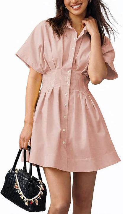 Women’s Mini Shirt Dress Casual Button Down Short Sleeve Collared Summer Dresses