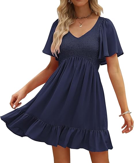 Women's Flowy Casual Mini Dresses 2026 Summer Graduation Smocked V Neck Vacation Dress Dress with Pockets