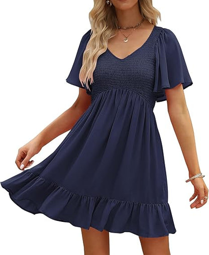 Women's Flowy Casual Mini Dresses 2026 Summer Graduation Smocked V Neck Vacation Dress Dress with Pockets
