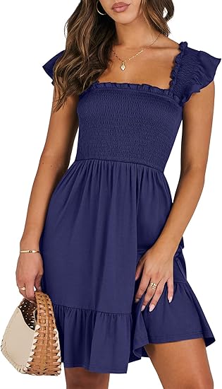 Women's Summer Casual Sleeveless Square Neck Dress 2026 Smocked Ruffle Backless Boho Beach Cute Teen Short Sundress