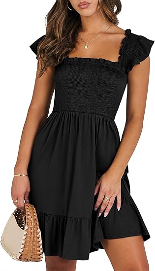 Women's Summer Casual Sleeveless Square Neck Dress 2026 Smocked Ruffle Backless Boho Beach Cute Teen Short Sundress