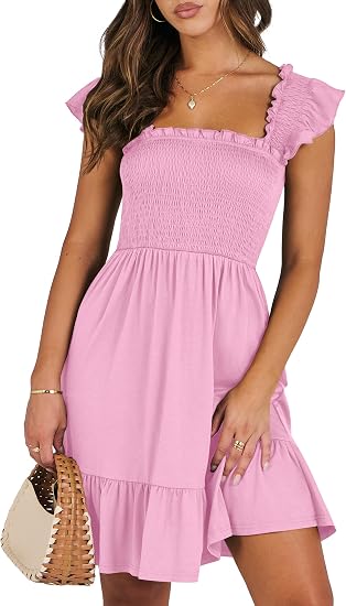 Women's Summer Casual Sleeveless Square Neck Dress 2026 Smocked Ruffle Backless Boho Beach Cute Teen Short Sundress