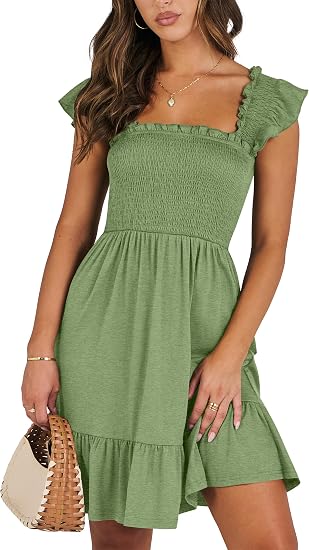Women's Summer Casual Sleeveless Square Neck Dress 2026 Smocked Ruffle Backless Boho Beach Cute Teen Short Sundress
